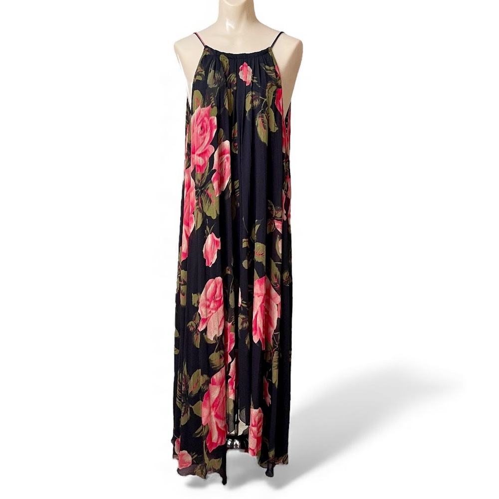 Anthropologie Emeline Floral Sheer Overlay Tie Halter Handkerchief Hem Dress